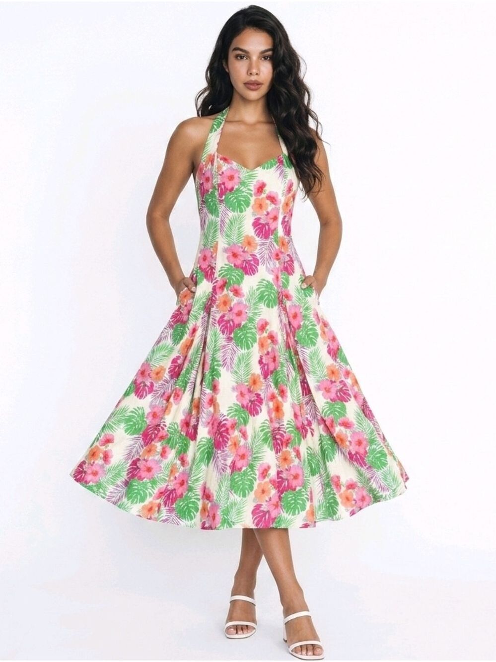Floral Halter Midi Dress in Pink & Green